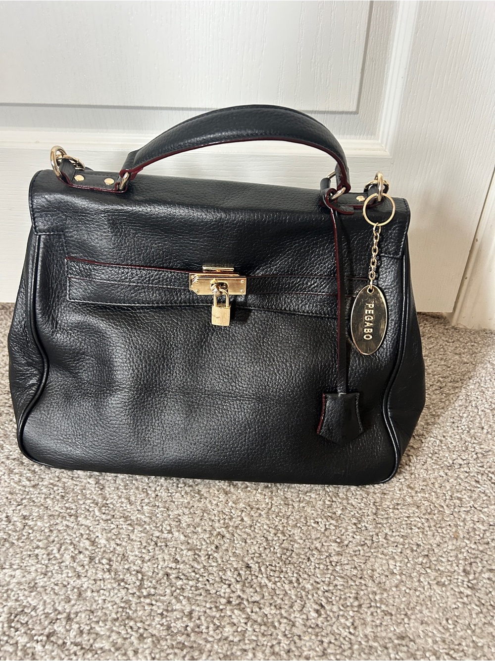 Pegabo Black Genuine Leather Kelly Style Top Handle Satchel / Crossbody - Picture 4 of 9